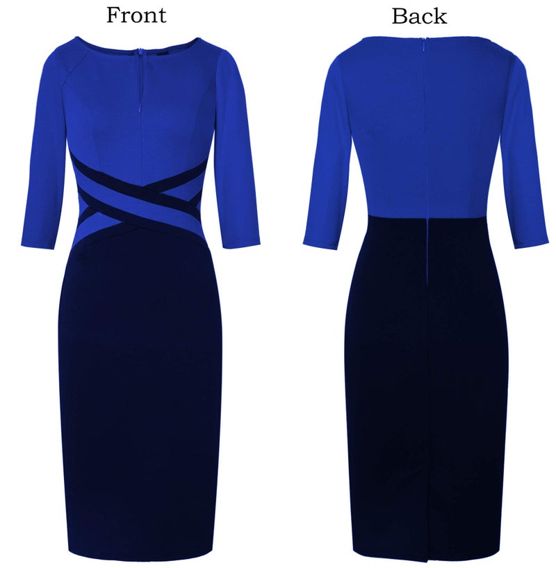 VFSHOW Womens Blue and Black Patchwork Classy Work Business Casual 3/4 Sleeve Slimming Fitted Front Zipper Crisscross Waist Office Party Pencil Sheath Dress 6472 BLU L - Image 3
